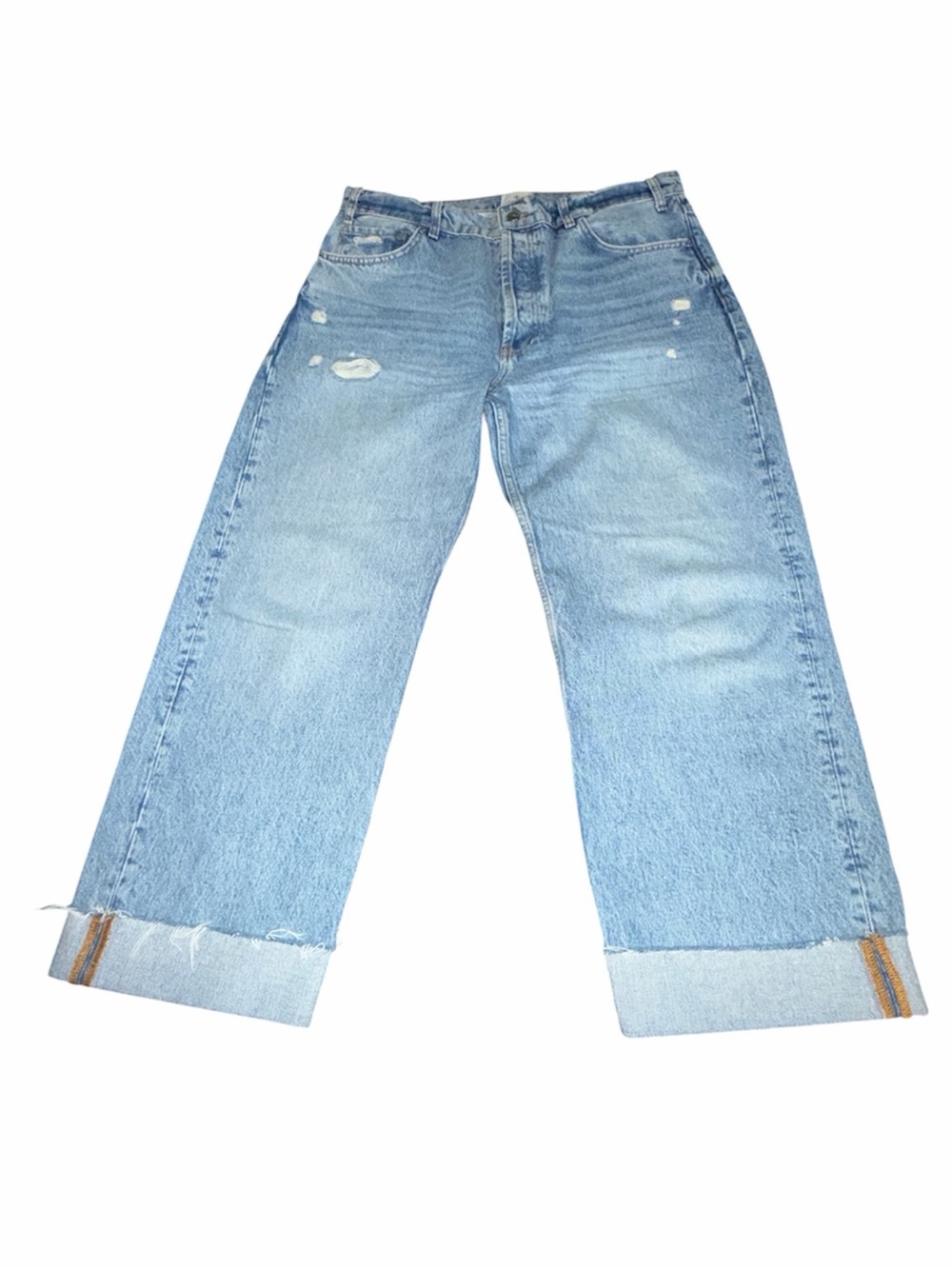 Anine Bing Gavin Jean 32 Wide Leg Raw Hem Distressed Light Wash Cuffed Crop